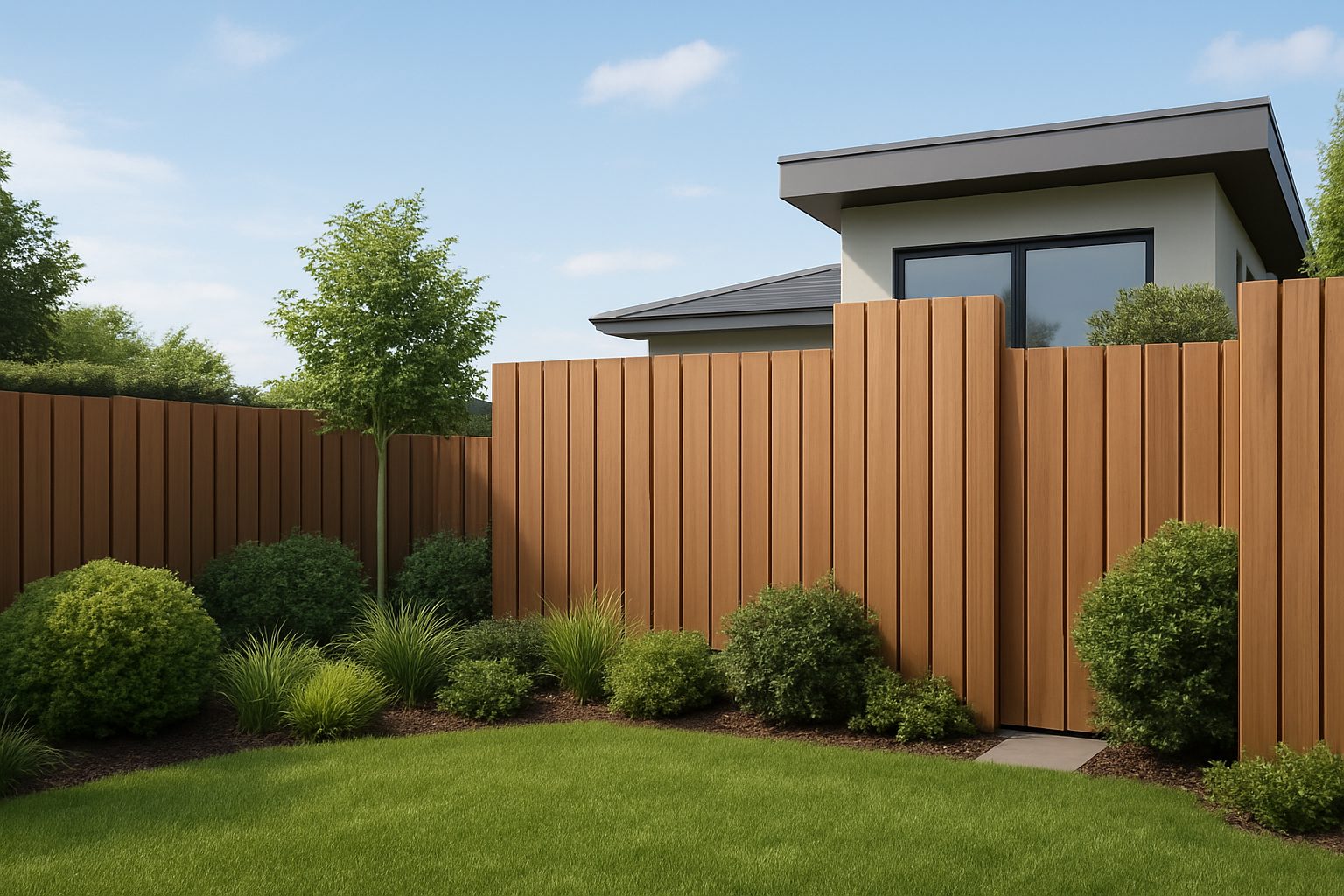 A well-maintained garden enclosed by a solid wooden fence, highlighting privacy features.